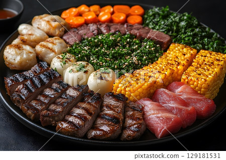 Gourmet Grilled Meat and Vegetable Platter for a Luxurious Dining Experience Generative AI 129181531