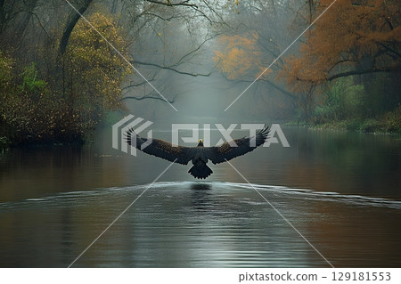 Majestic Eagle Soaring Over Misty Autumn Lake - Nature Wildlife Photography Generative AI 129181553