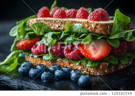 Fresh Berry and Greens Sandwich with Whole Grain Bread and Blueberries Generative AI 129181554