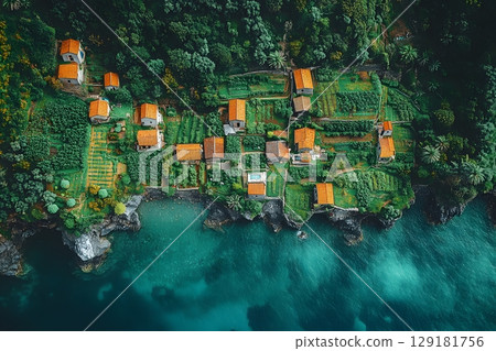 Aerial View of Coastal Village with Lush Greenery and Turquoise Waters Generative AI 129181756