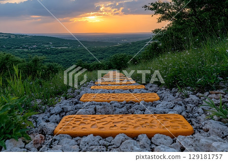 Sunset over Rocky Pathway in Lush Landscape Nature, Travel, Adventure, Print Design Generative AI 129181757