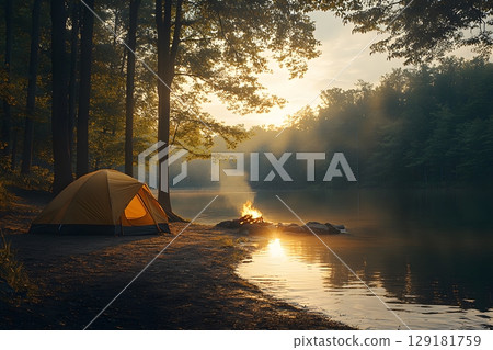 Serene Lakeside Camping at Sunset in Forest Setting for Outdoor Adventure and Relaxation Generative AI 129181759