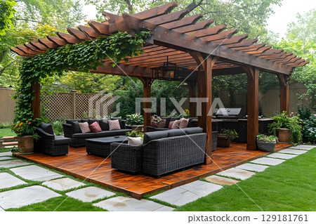 Outdoor Lounge with Pergola and Wicker Furniture for Backyard Design Generative AI 129181761
