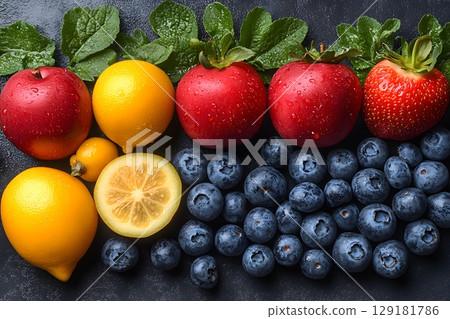 Fresh Summer Fruit Arrangement with Apples, Lemons, and Blueberries for Healthy Eating Generative AI 129181786