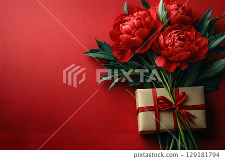 Romantic Red Peonies and Gift Box on Vibrant Background for Valentine's Day Generative AI 129181794