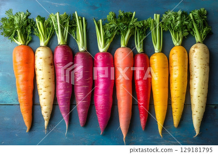 Colorful Array of Fresh Carrots on Rustic Wooden Surface for Healthy Eating and Cooking Generative AI 129181795