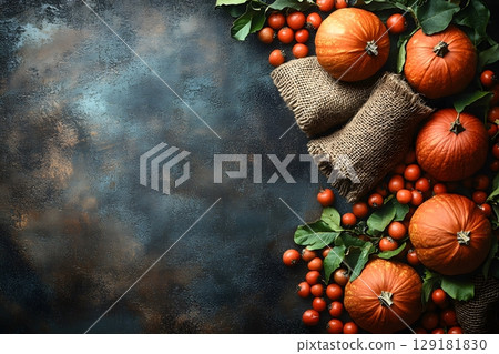 Rustic Autumn Arrangement with Pumpkins and Burlap for Seasonal Decor and Harvest Celebrations Generative AI Rustic Autumn Arrangement with Pumpkins and Burlap for Seasonal Decor and Harvest Celebrations Generative AI 129181830