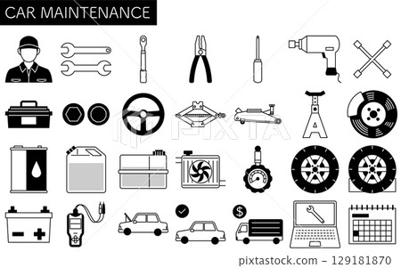 簡單可愛的汽車保養線條圖標， 129181870