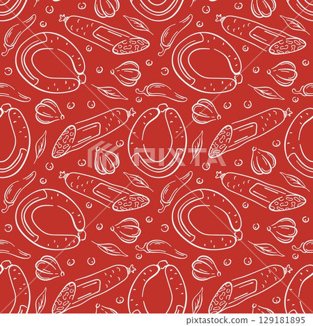 Seamless pattern with line art style sausage, garlic, chili pepper, herbs and spice element on red background. Perfect for food package, kitchen wallpaper, meat branding and culinary book design. Seamless pattern with line art style sausage, garlic, chili pepper, herbs and spice element on red background. Perfect for food package, kitchen wallpaper, meat branding and culinary book design. 129181895