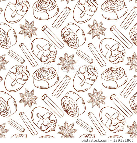 Seamless pattern with line art style cinnamon roll, stick, coffee and star anise on white background. Perfect for bakery, pastry package, kitchen wallpaper, textile and bed linen. 129181905