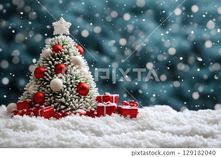Christmas Tree and Wrapped Gifts in Snowy Winter Wonderland for Holiday Celebrations Generative AI 129182040