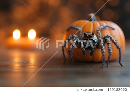 Halloween Spider on Pumpkin with Candlelight Bokeh Background for Seasonal Decor Generative AI 129182060