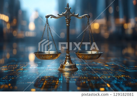 Digital Justice Concept with Scales of Justice Over a Futuristic Cityscape for Legal Tech Generative AI 129182081