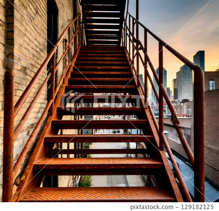 Aged rusty fire escape stairs overlooking urban sunset skyline 129182125