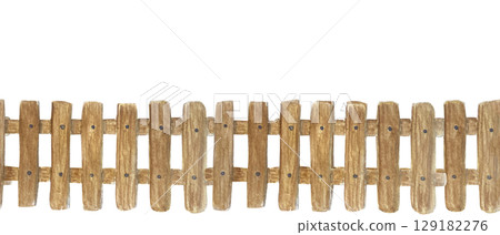 Wooden fence seamless border with rustic texture and visible nails. Watercolor hand-painted horizontal element, perfect for countryside-themed designs, gardening projects, scrapbooking, children's Wooden fence seamless border with rustic texture and visible nails. Watercolor hand-painted horizontal element, perfect for countryside-themed designs, gardening projects, scrapbooking, children's 129182276