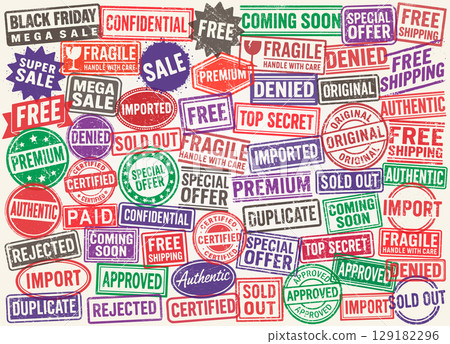 Collection of various grunge style retro stamps. Vintage text rubber stamp set. Denied, fragile, free, top secret, sold out, coming soon, approved. Vector illustration. Isolated on white background. Collection of various grunge style retro stamps. Vintage text rubber stamp set. Denied, fragile, free, top secret, sold out, coming soon, approved. Vector illustration. Isolated on white background. 129182296
