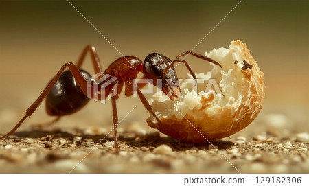 Hyperrealistic ant eating bread crumb close-up 129182306