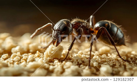 Hyperrealistic ant eating bread crumb close-up Hyperrealistic ant eating bread crumb close-up 129182307