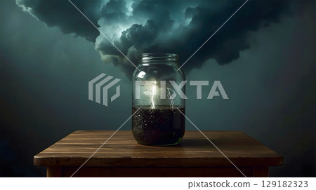 Lightning Storm Inside a Wide-Mouth Glass Jar on Rustic Table 129182323