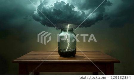 Lightning Storm Inside a Wide-Mouth Glass Jar on Rustic Table 129182324