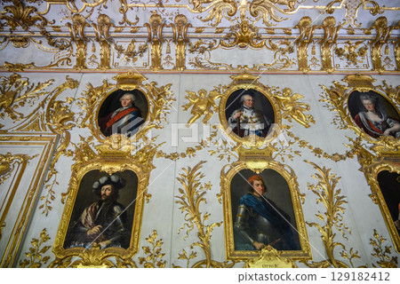 Ancestral Gallery in Munich Residenz royal palace of Bavaria, with large art collection, in Munich, Germany 129182412