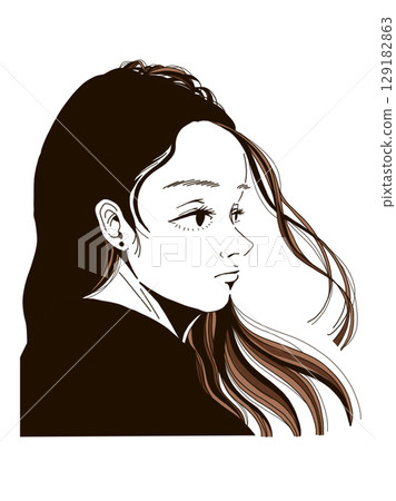 Profile of a young woman with flowing hair Profile of a young woman with flowing hair 129182863