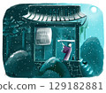 Illustration of a monk ringing the bell on New Year's Eve 129182881