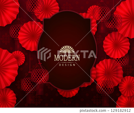 Chinese New Year. Exquisite red greeting card with a figured frame Chinese New Year. Exquisite red greeting card with a figured frame 129182912