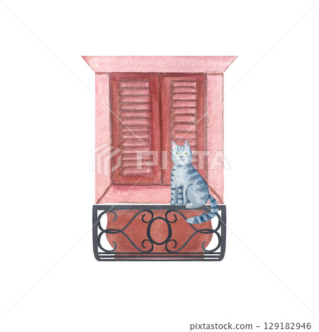Closed window with red shutters, a black wrought iron balcony and cute gray tabby cat is sitting on the balcony. Perfect for children books, European city-themed designs, cards. Watercolor 129182946