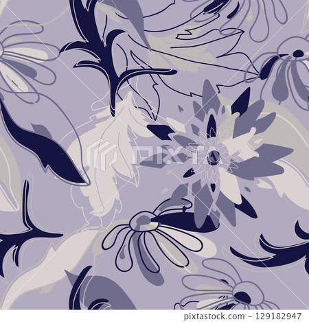 Floral background with daisies. Summer botanical seamless pattern with silhouettes of blooming flowers. Fabric and textile design. Vector illustration 129182947