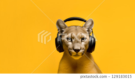Puma listening to music with headphones on orange background 129183015