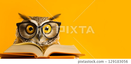 An owl with glasses reads a book on an orange background, copyspace, space for text An owl with glasses reads a book on an orange background, copyspace, space for text 129183056