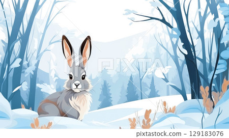 Illustration of a cute hare sits in a snowdrift against the backdrop of a beautiful winter landscape. Illustration of a cute hare sits in a snowdrift against the backdrop of a beautiful winter landscape. 129183076