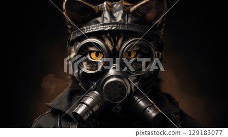 Cat in a protective gas mask suit on a dark background 129183077