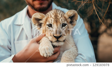 Veterinarian holding a lion cub close-up 129183078