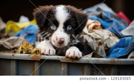 Homeless abandoned puppy in a landfill looking for food 129183085