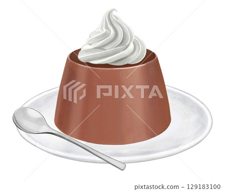 Chocolate pudding illustration - whipped cream with plate and spoon 129183100