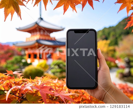 Kyoto temple with autumn leaves and smartphone case mockup 129183114