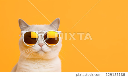 White cat in sunglasses on an orange background with copyspace 129183186