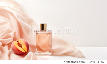 Bottle of women's perfume on a light peach-colored fabric 129183187
