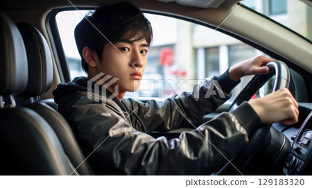 Asian teenager driving a car learns driving in driving school 129183320