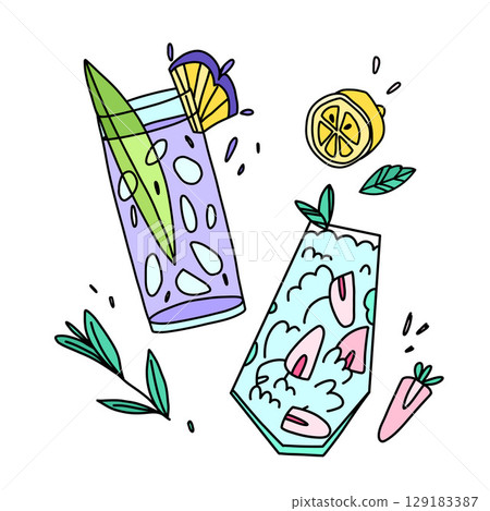 Two cocktails among citrus, berries and herbs, pineapple and strawberry with ice 129183387
