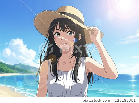 A woman standing by the sea A woman standing by the sea 129183391