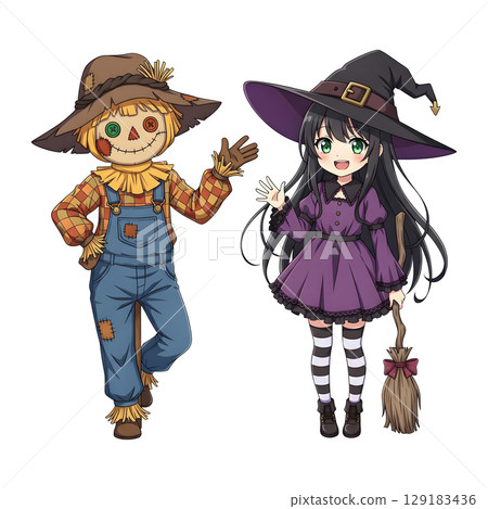 A cute child in a anime-style cartoon Halloween costume, happy for Halloween. Transparent background. A cute child in a anime-style cartoon Halloween costume, happy for Halloween. Transparent background. 129183436