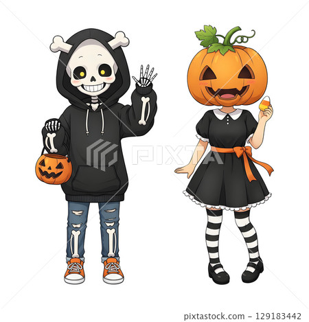 A cute child in a anime-style cartoon Halloween costume, happy for Halloween. Transparent background. 129183442