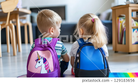 Two children with school backpacks sitting indoors, viewed from behind Two children with school backpacks sitting indoors, viewed from behind 129183656