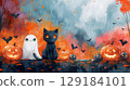 A black cat between orange pumpkins and a ghost wishes you a happy Halloween 129184101