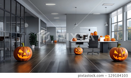Interior of an empty modern office with Halloween decor 129184103
