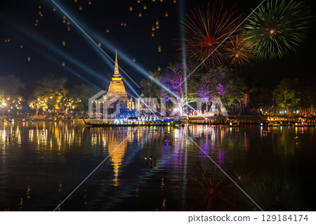 Beautiful Firework Reflection Over Old Pagoda Loy Krathong Festival Sukhothai Thailand Amazing Historic Town. Colorful, city. 129184174