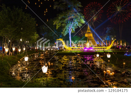 Beautiful Firework Reflection Over Old Pagoda Loy Krathong Festival Sukhothai Thailand Amazing Historic Town. Colorful, city. 129184175
